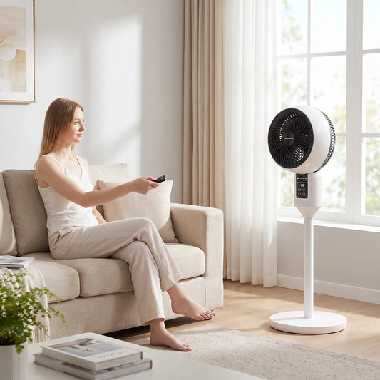 Quiet pedestal fan with remote control