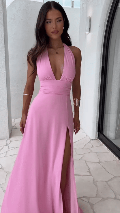 Damen Ärmelloses Halterneck Kleid Mit Hohem Schlitz | Lang