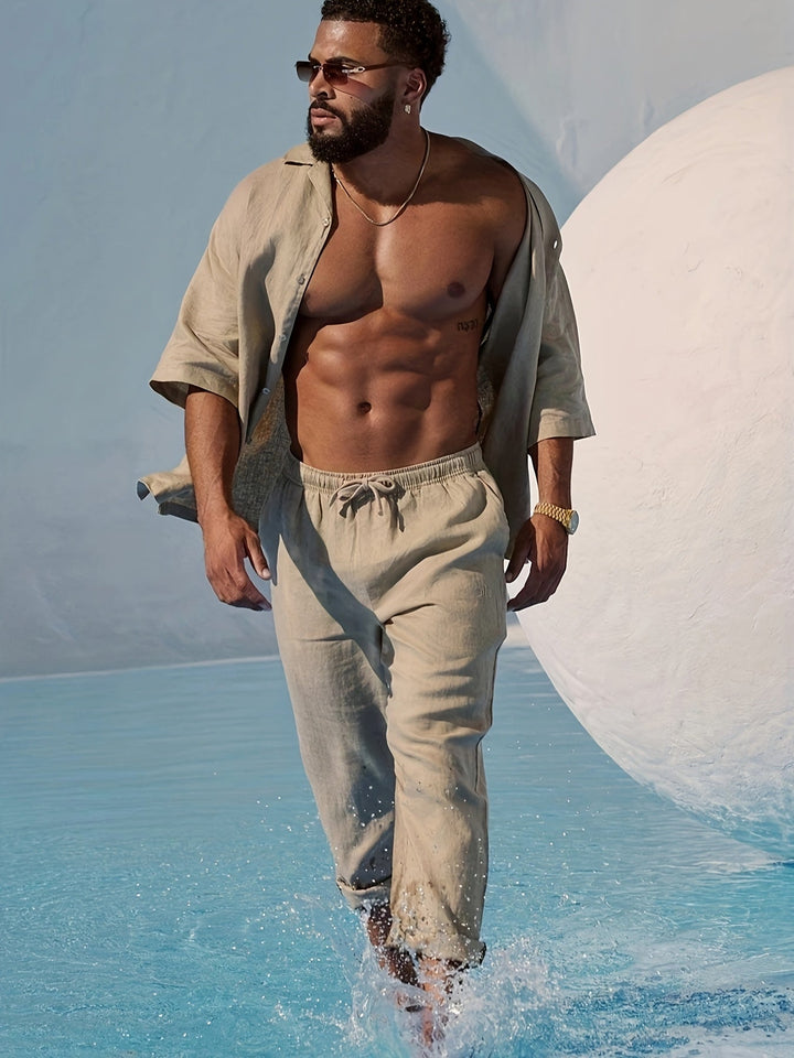Herren Zweiteiler | Freizeithemd mit Kordelzughose | Bequeme Passform | Sommerlicher Resort-Look