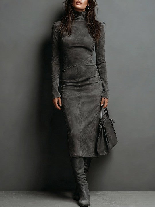 Lorena | Women's High Collar Suede Midi Dress