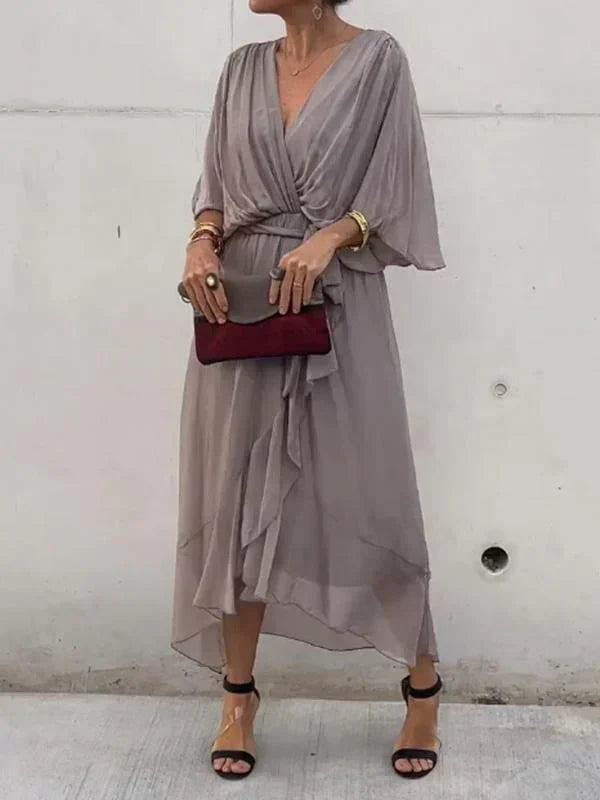 Damen Maxikleid | Wickeloptik und V-Ausschnitt | Eleganter Stil für Jeden Tag