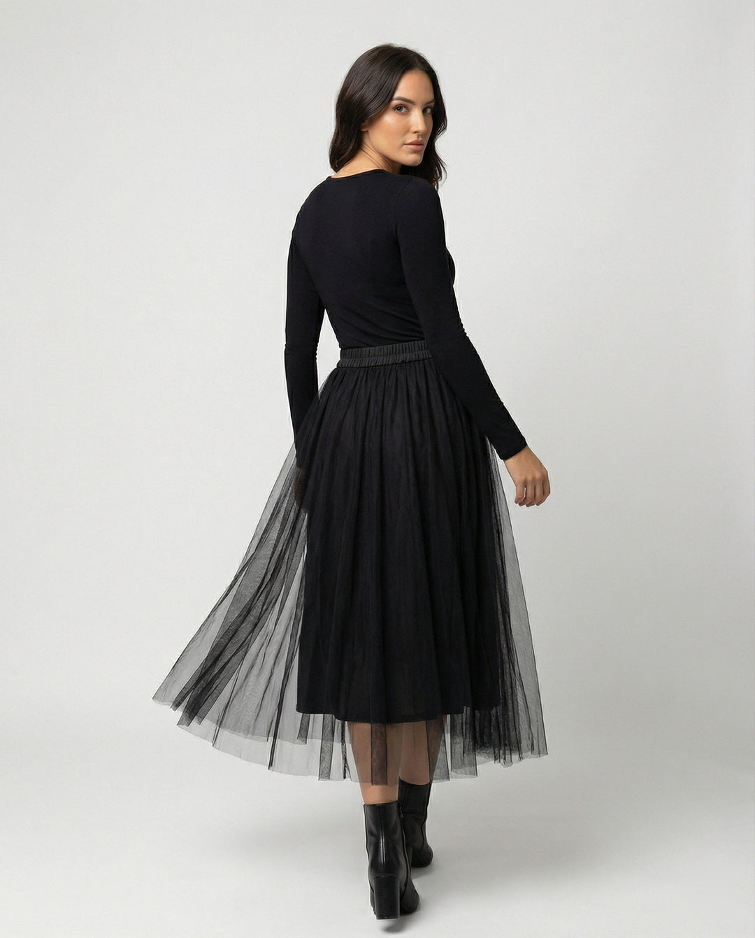 Rochie midi damă cu mâneci lungi, mulată | Fustă transparentă