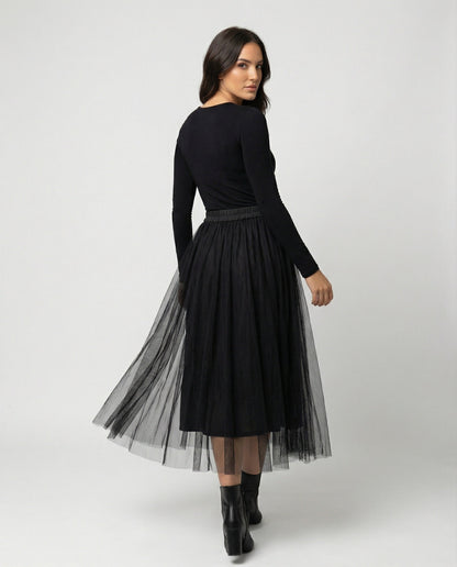 Damen Langarm Enganliegendes Midi Kleid | Transparenter Rock