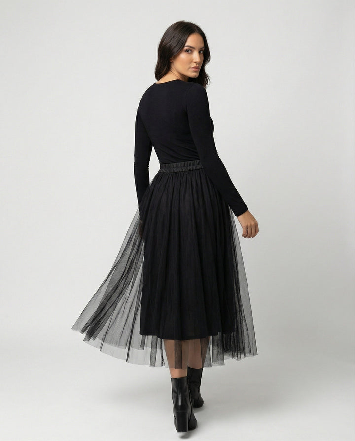 Rochie midi damă cu mâneci lungi, mulată | Fustă transparentă
