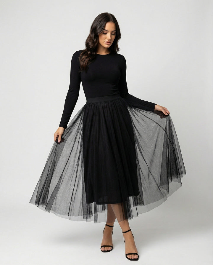 Rochie midi damă cu mâneci lungi, mulată | Fustă transparentă