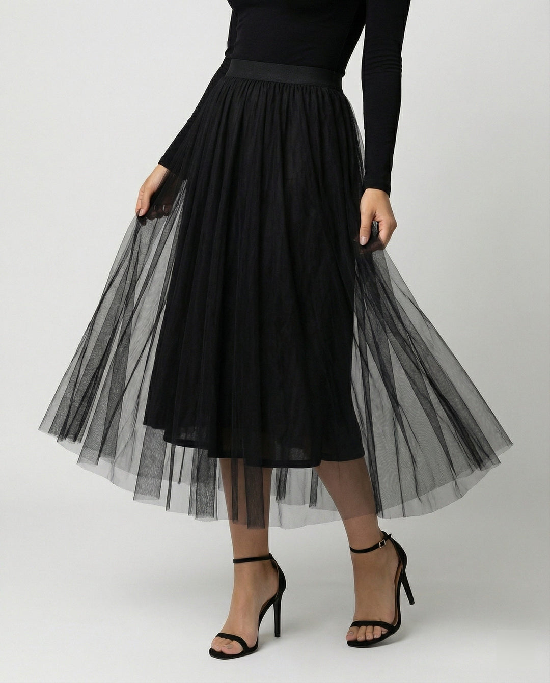 Rochie midi damă cu mâneci lungi, mulată | Fustă transparentă