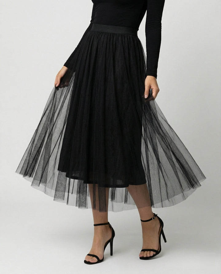 Rochie midi damă cu mâneci lungi, mulată | Fustă transparentă