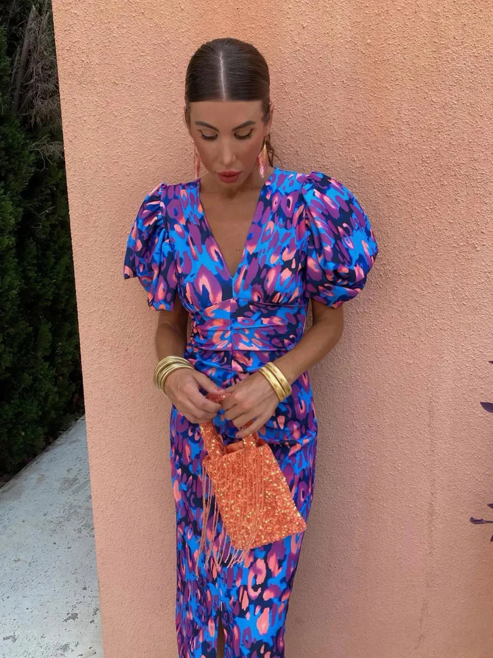 Dámské midi šaty | Květinový vzor a nabírané rukávy | Elegantní výrazný vzhled