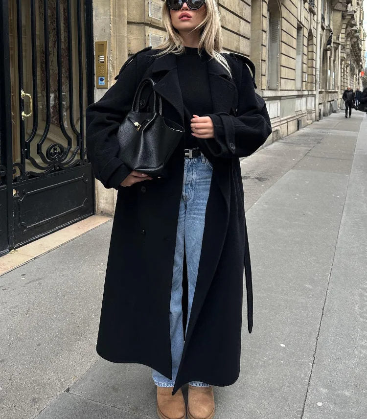Damen Trenchcoat | Lockere Passform | Langer Mantel mit Bindegürtel | Smart Casual Look