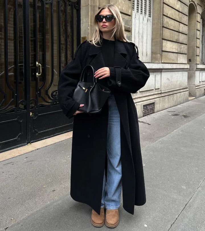 Damen Trenchcoat | Lockere Passform | Langer Mantel mit Bindegürtel | Smart Casual Look