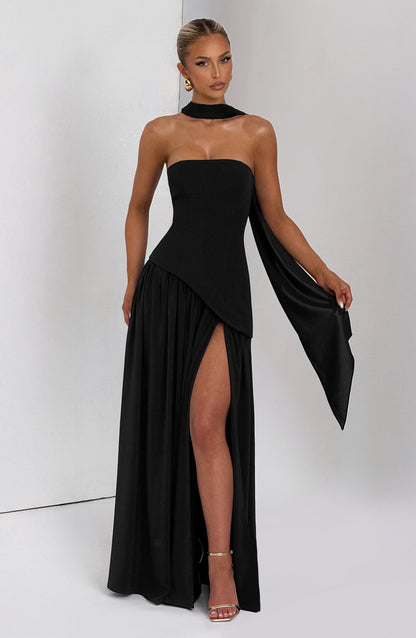 Robe femme sans manches avec décolleté bardot et fente haute | Longue