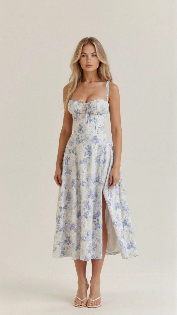 Rochie midi damă | Croială fit-and-flare | Design floral | Look pentru ocazii de vară