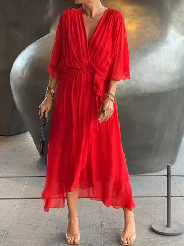 Damen Maxikleid | Wickeloptik und V-Ausschnitt | Eleganter Stil für Jeden Tag