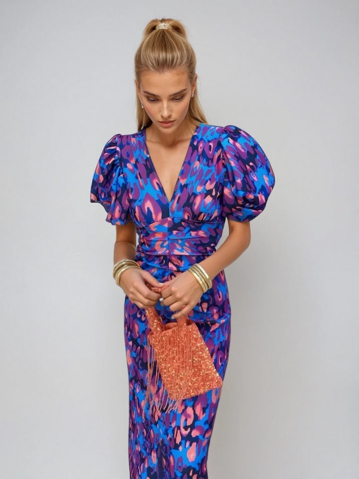 Dámské midi šaty | Květinový vzor a nabírané rukávy | Elegantní výrazný vzhled