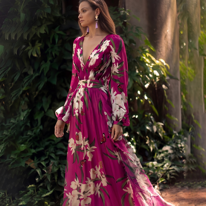 Sukienka maxi damska | Kwiatowy wzór i płynna sylwetka | Elegancki styl na wyjątkowe okazje